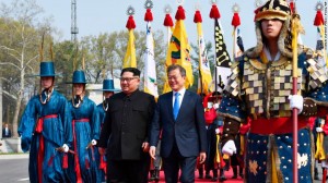 North Korean leader Kim Jong Un, left, and South Korean President Moon Jae-in walk together at the border village of Panmunjom in the Demilitarized Zone Friday, April 27, 2018. Kim made history Friday by crossing over the world's most heavily armed border to greet his rival, Moon, for talks on North Korea's nuclear weapons. (Korea Summit Press Pool via AP)